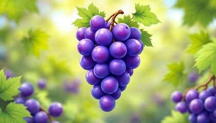 Ripe Purple Grape Bunch Hanging on Vine with Green Leaves