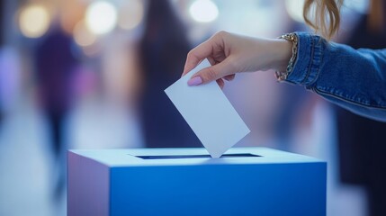 Female hand casting vote into ballot box at polling station