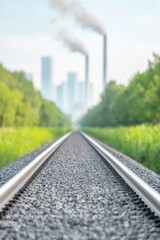 Fototapeta premium A railway track extends into the distance, flanked by greenery, with factories emitting smoke in the background, highlighting industrialization's impact on the environment.