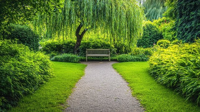 Peaceful garden path with bench under weeping willow