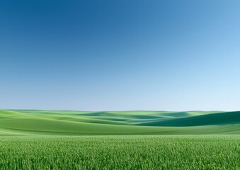 Naklejka premium A serene landscape featuring rolling green hills under a clear blue sky, evoking tranquility and natural beauty.