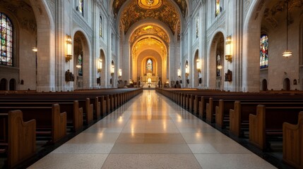 Obraz premium Majestic Church Interior with Stained Glass Windows and Gleaming Aisle Highlighting Spiritual Ambiance and Decor