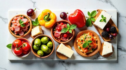 A delightful assortment of colorful appetizers arranged on a marble serving board, featuring various cheeses, olives, sweet peppers, and unique culinary creations