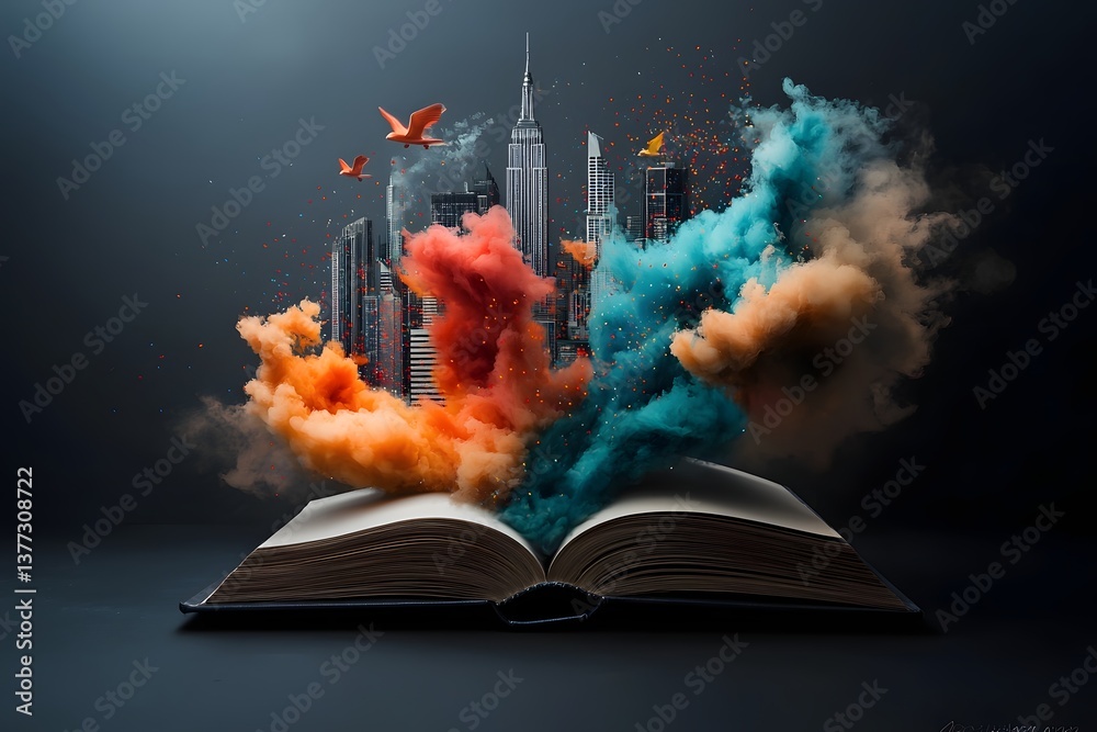 Poster colorful streams of data visualizations flowing from an open book intertwining with the towering sky