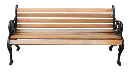 Front view of a classic wooden bench with black wrought iron armrests and legs, isolated on a white...