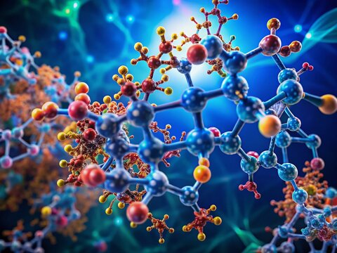 Microscopic 3D Render of Antibody Molecular Structure: Amino Acid Chain & Hydroxyproline Closeup