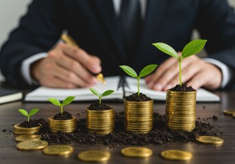 Investment Growth Concept with Plants Growing from Stacked Coins Representing Financial Growth, Success, and Sustainability