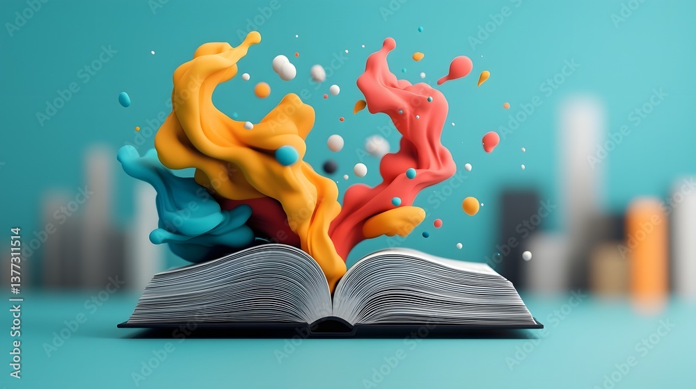 Poster conceptual depicting vibrant data visualization ribbons flowing out of an open book interacting with