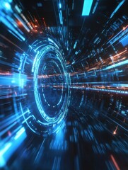 A futuristic tunnel with glowing blue and orange lights