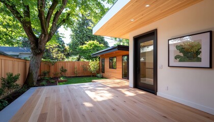 Fototapeta premium Accessory dwelling unit concept. Modern patio view showcasing trees and stylish architecture in a serene outdoor setting.