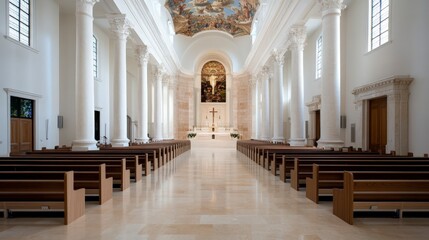 Elegant Interior of Modern Church with Tall Pillars, Beautiful Ceiling Artwork, and Serene Atmosphere