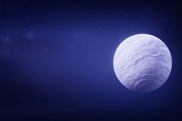 A serene night sky featuring a large, textured planet illuminated against a deep blue backdrop filled with shimmering stars.