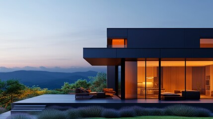 Fototapeta premium Modern Home Amidst Nature: A contemporary home is nestled amidst a serene natural landscape, captured during twilight, with illuminated interiors.