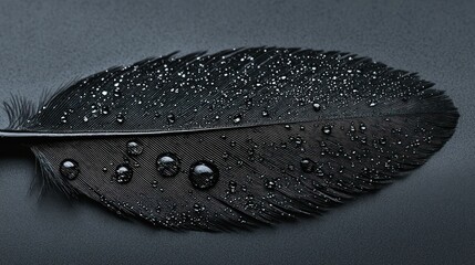 Fototapeta premium Close-up of a black feather with water droplets on dark background