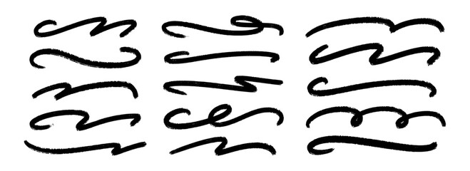 Wavy paint line set. Squiggle sketch brush stroke collection. Rough charcoal curved flourishes for highlight, underline, emphasis. Vector handdrawn wave crayon chalk strips. Black swoosh stripe bundle