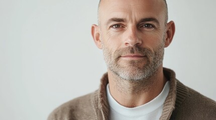 Fototapeta premium Mature caucasian male with beard wearing brown sweater and white shirt smiling confidently