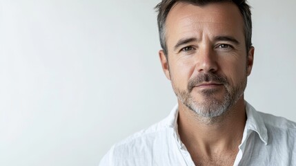 Obraz premium Caucasian mature male in white shirt with gray beard against light background