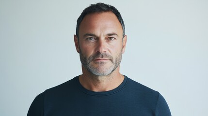 Obraz premium Caucasian mature male with short hair wearing black shirt against light background