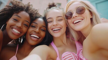 Fototapeta premium Joyful Multiracial Friends Enjoying a Fun Group Selfie Moment