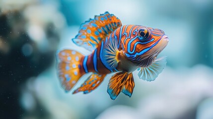 Vibrant orange and blue fish in aquarium with blurred coral reef background