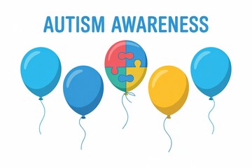 Naklejka premium Colorful balloons with puzzle piece design highlight autism awareness on a bright background.
