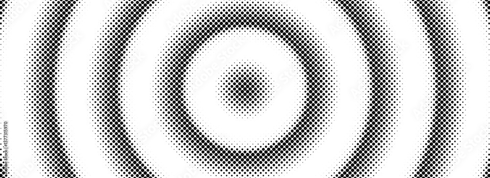 Poster halftone circle background. radial comic target texture. black and white dotted circular gradient. f
