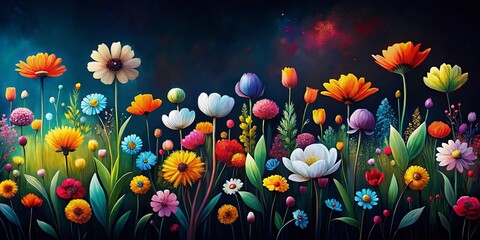 Obraz premium Minimalist Black Background Flower Field Painting, Generative AI Art Print