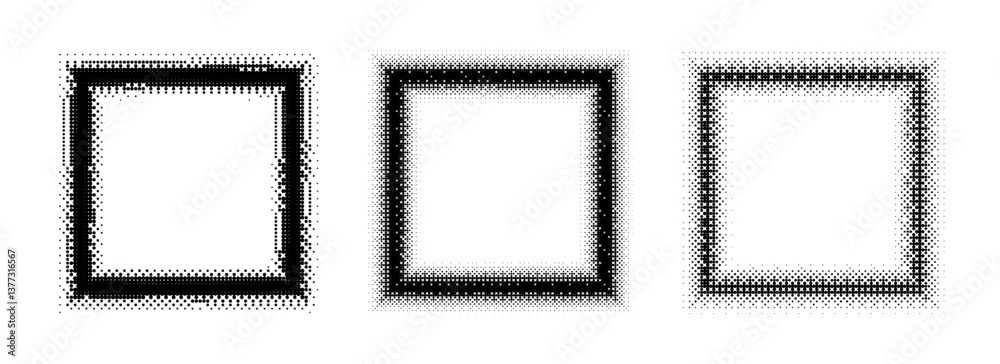 Poster black halftone square frame set. dotted 8 bit gradient border collection. pop art comic picture hold