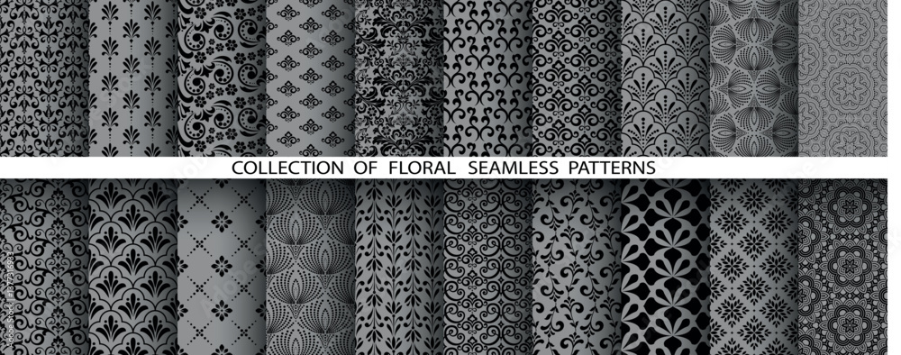 Aufkleber geometric floral set of seamless patterns. gray and black vector backgrounds. damask graphic ornamen