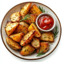 Golden Potato Wedges: A culinary delight of perfectly roasted potato wedges, seasoned with herbs, presented on a rustic plate alongside a small bowl of vibrant ketchup.