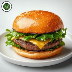 Savor the Flavor: Close-up of a juicy burger, complete with lettuce, cheese and sesame bun. capturing the fresh and delicious.