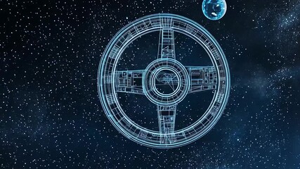 Futuristic space station design, rotating wheel structure in starry nebula - Powered by Adobe