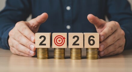 Future Investment Strategy Concept with '2026', Target Symbol, and Stacked Coins, Representing Financial Planning, Growth, and Business Goals