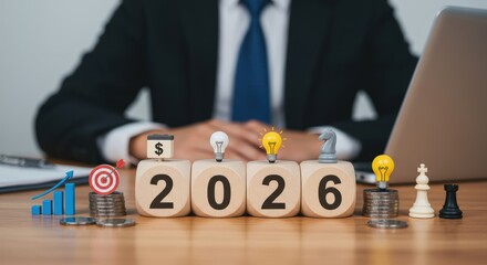 2026 Business Growth Concept with Coins, Target Symbol, and Chess Pieces, Representing Financial Planning, Strategy, and Success