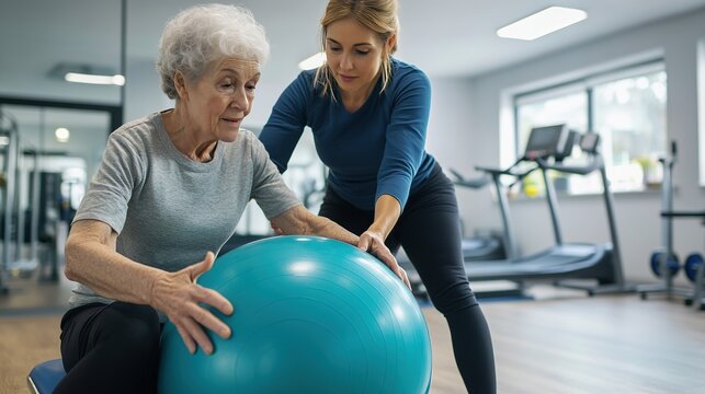 Elderly woman performing physical therapy with fitness ball assisted by female trainer in modern gym, focusing on back muscle strength training and pain relief techniques.