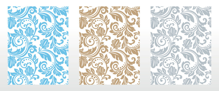 Wallpapers in the style of Baroque.. Set of colored floral ornaments. Seamless vector backgrounds Graphic patterns for fabric, wallpaper, packaging. Ornate Damask flower illustration
