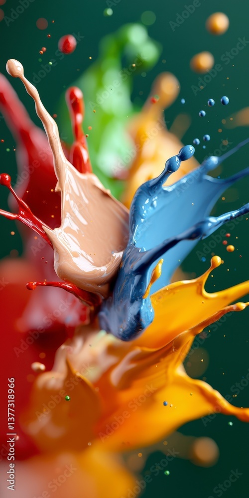 Poster chromatic burst: a dynamic explosion of vibrant hues leaps from a central point against a backdrop. 