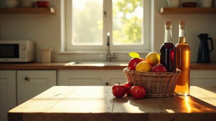 Sunlit Kitchen Table with Fruit Basket and Two Bottles of Beverage