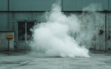 White smoke billows near a teal metal building, creating a dramatic, atmospheric scene. The smoke is dense and obscures the background slightly. The building's aged exterior adds to the scene's