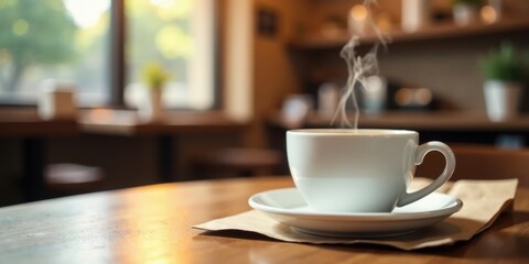 Fototapeta premium Aromatic Steam Rising from a White Coffee Cup on a Wooden Table in a Cozy Cafe Setting
