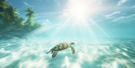 Obraz premium A majestic sea turtle gracefully swimming in the clear blue waters of an exotic island