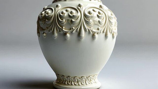 Elegant off-white ceramic vase with intricate embossed detailing and a classic design