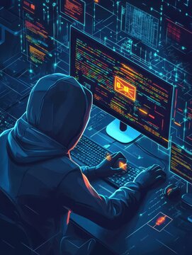 Hooded Hacker Working on Computer with Code on Screen