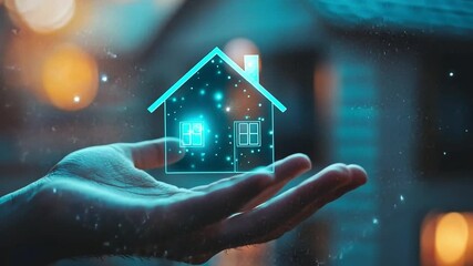 Digital Home: A hand cradles a glowing digital house, symbolizing innovation and the convergence of technology and domesticity.