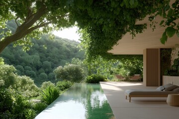 A luxurious villa with an infinity pool merging seamlessly into a beautiful landscape view