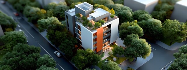 Detailed 3D modeling and engineering schematics showcase the design of a lavish state of the art residential development with modern amenities and lush landscaping in a contemporary urban setting