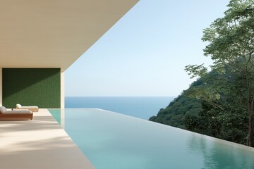 Fototapeta premium Infinity pool with an amazing ocean view, capturing a sense of relaxation and luxury. This image is perfect for promoting tranquility.