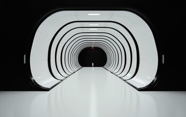 Obraz premium Abstract futuristic tunnel, white and black pixel art style, receding perspective, glowing lights, dark background, clean lines, geometric shapes, digital art, modern architecture, empty space, no