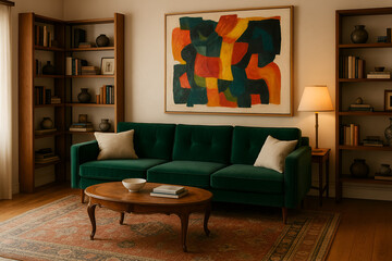 Modern Newstalgia living room with emerald green velvet sofa, mid-century French antique table, Marrakech vintage rug, local abstract artwork, white beam ceiling, and curated book collection for artis
