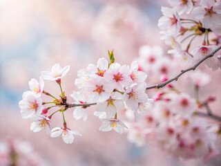 close up of cherry blossoms in full bloom, showcasing delicate pink petals and vibrant yellow centers, evokes sense of tranquility and beauty
